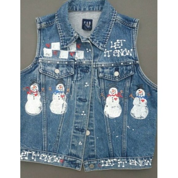 Girls Jean Vest Size M Holiday Winter Handpainted Snowman - Picture 8 of 12